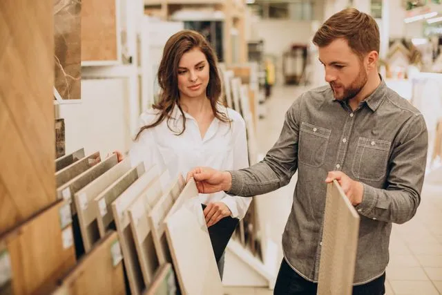 A couple looks at tile samples in a home improvement store, discussing their home renovation choices.