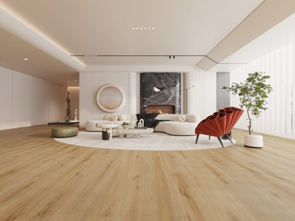 Modern living room with light wood laminate flooring, sofa, coffee table, and natural light from large windows.