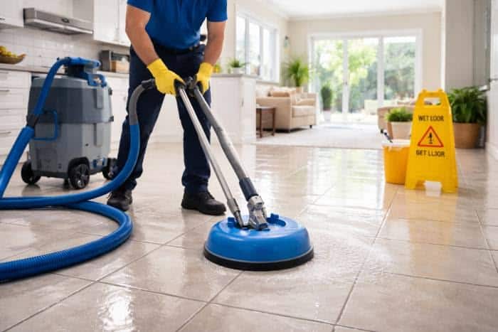 Tile and grout flooring using specialized equipment, focused on deep cleaning the surface to restore its appearance.