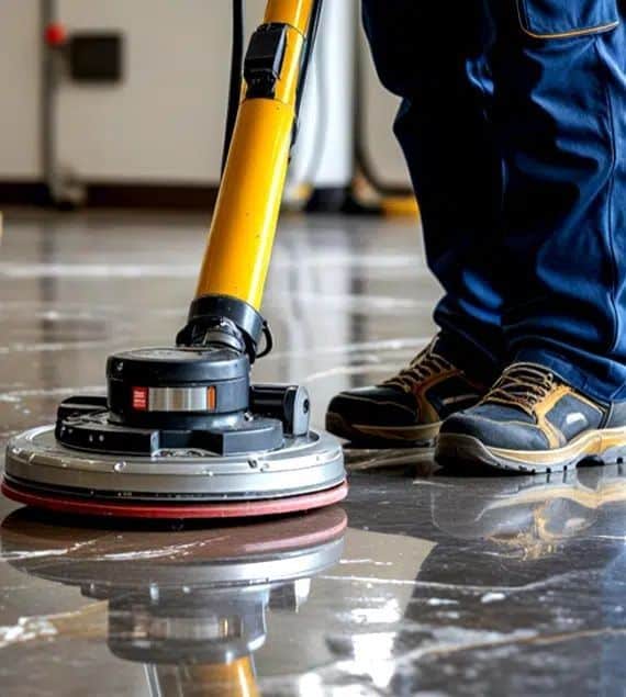 Man professionally cleaning tile and grout flooring using specialized equipment